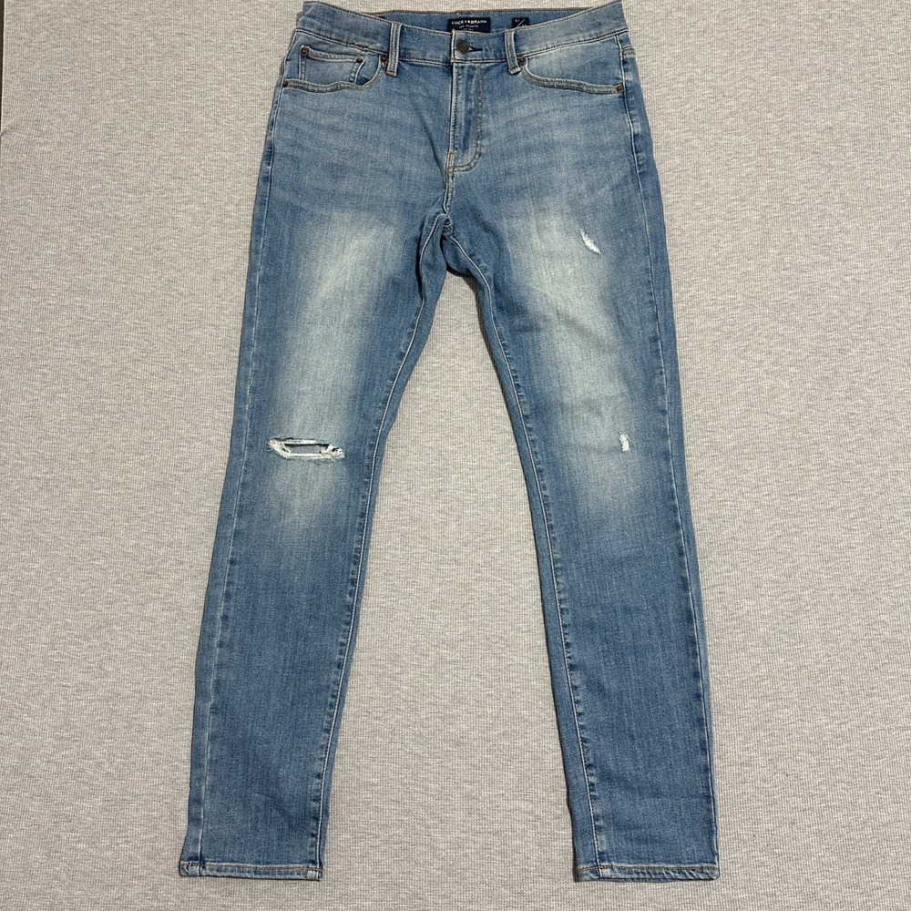 Lucky Brand 411 Athletic Taper Jeans Light Wash Distressed Blue Denim Mens 32x32